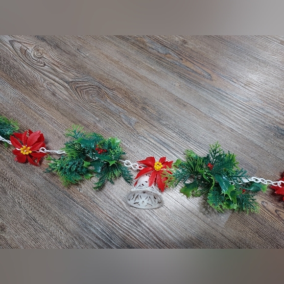 Vintage Plastic Christmas Garland with Bells, Holly, Poinsettia & Pine - Picture 2 of 3